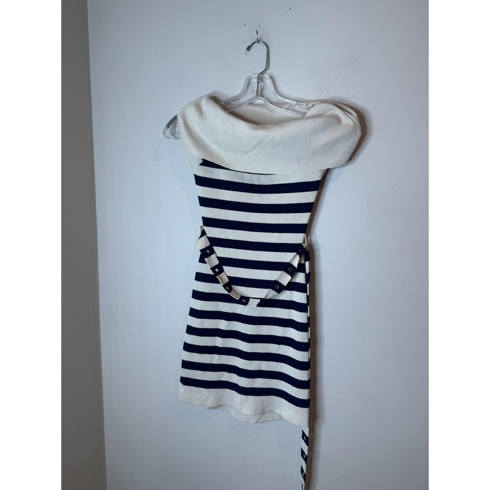 SER.O.YA Sweater Dress Womens Small Blue Stripe Off Shoulder Belted Studded Mini